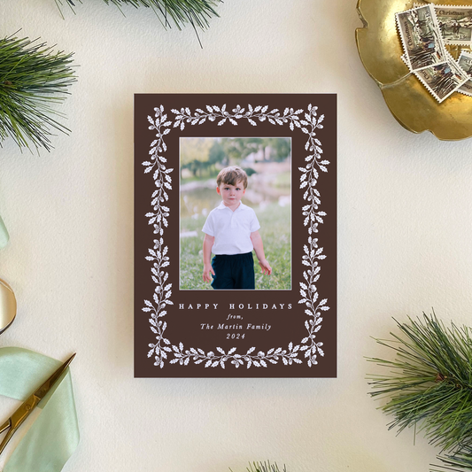 Acorn Stripe Holiday Card, Espresso - Portrait