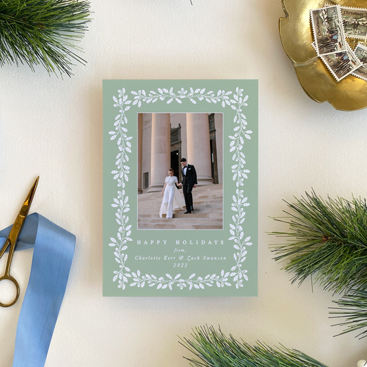 Acorn Stripe Holiday Card, Sage - Portrait