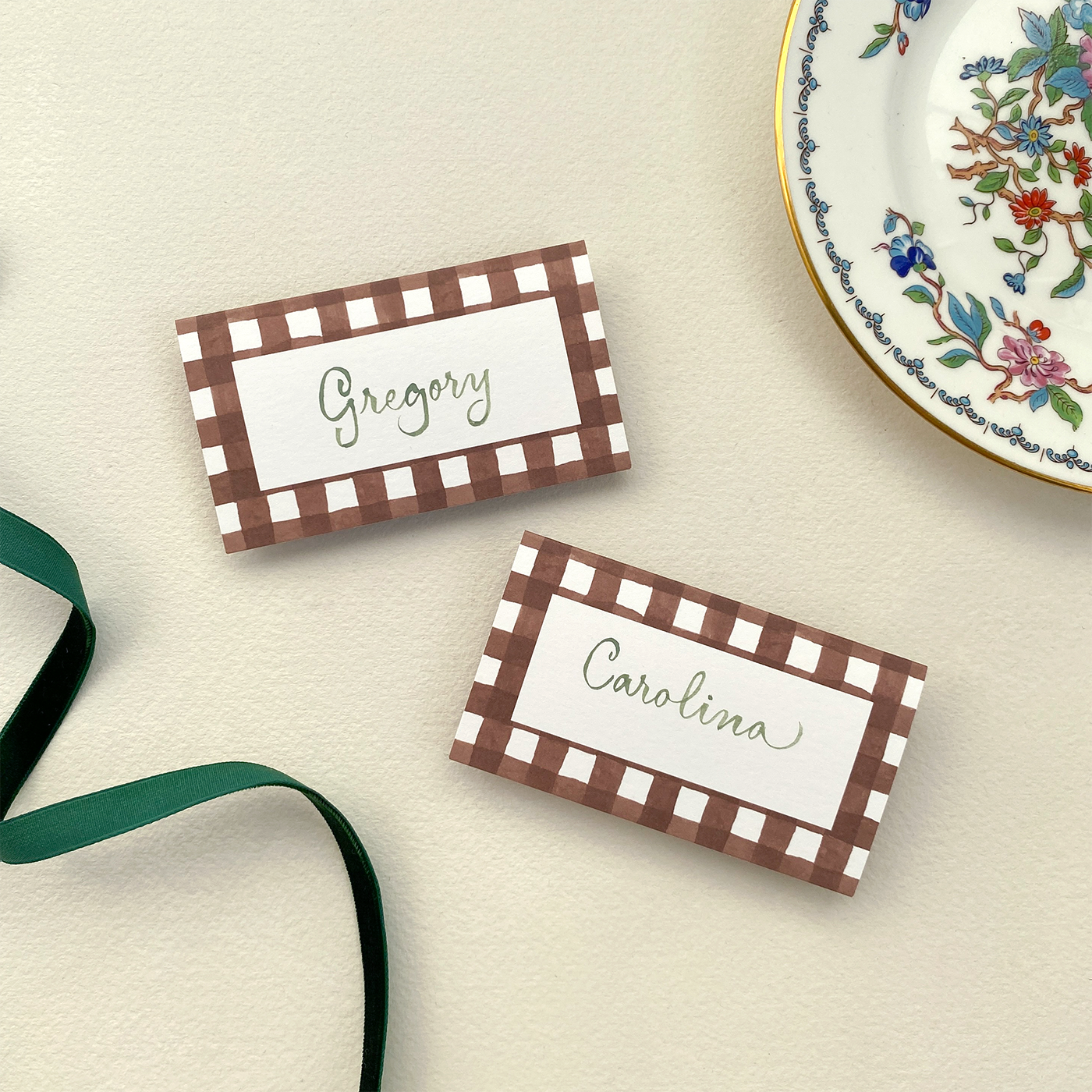 Brown Gingham Place Cards with Calligraphy
