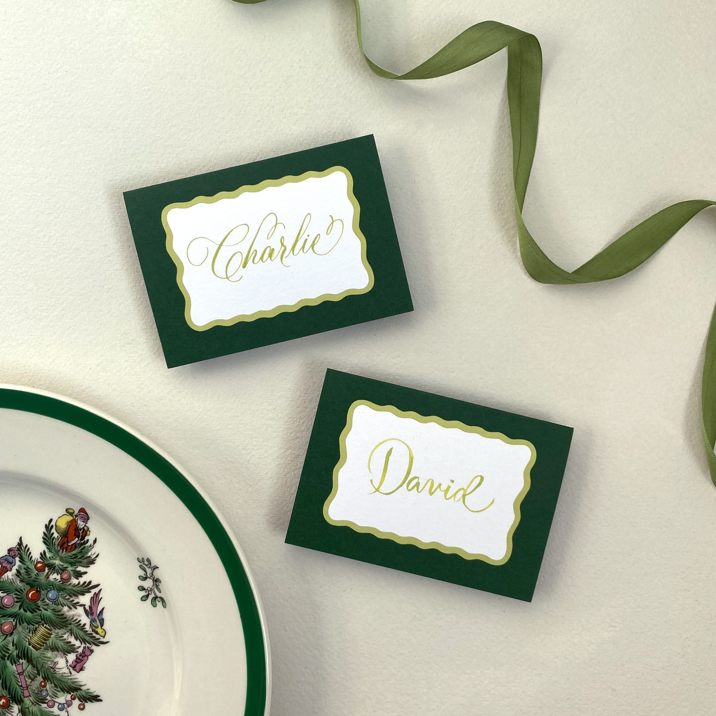 Forest and Chartreuse Squiggle Border Place Cards with Calligraphy