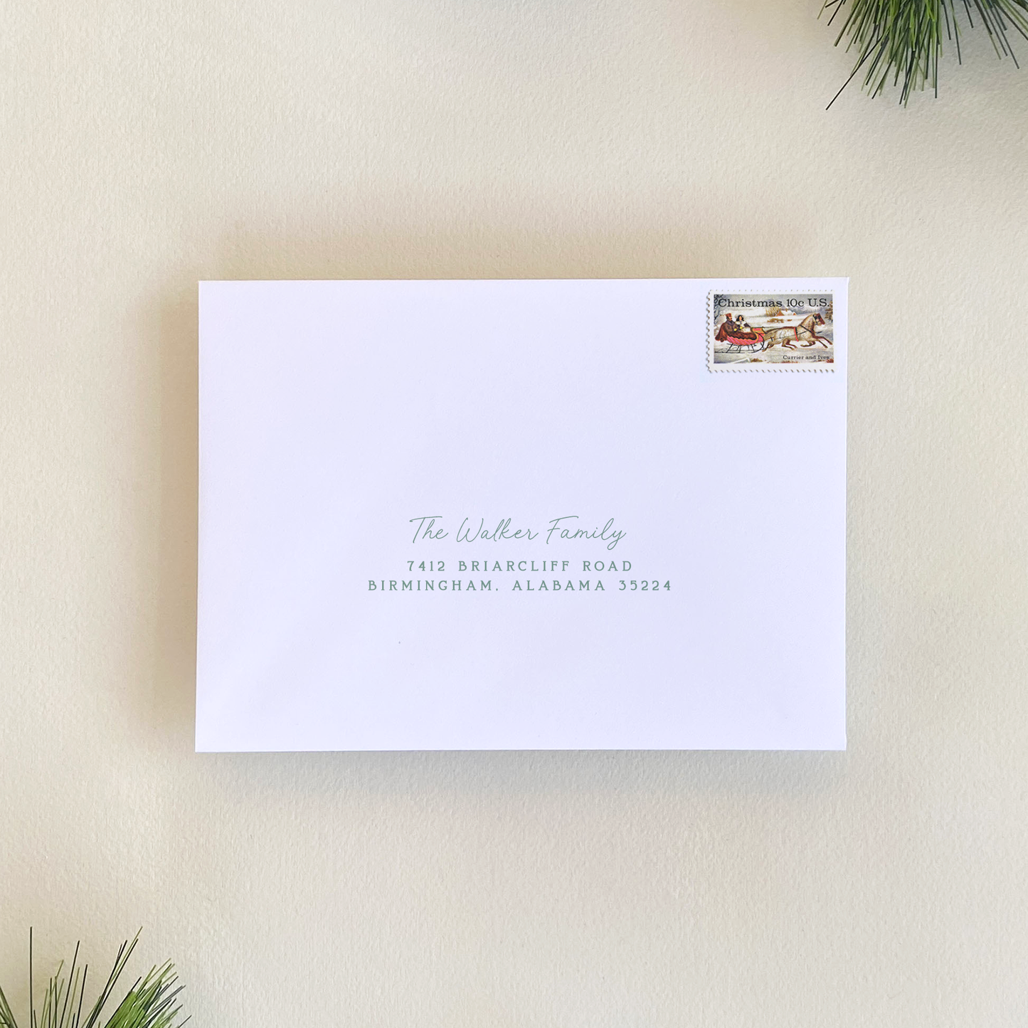Dotted Pine Holiday Card Address Printing, Evergreen Fog