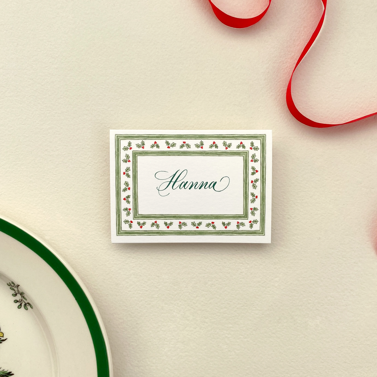 Holly Stripe Border Place Cards with Calligraphy