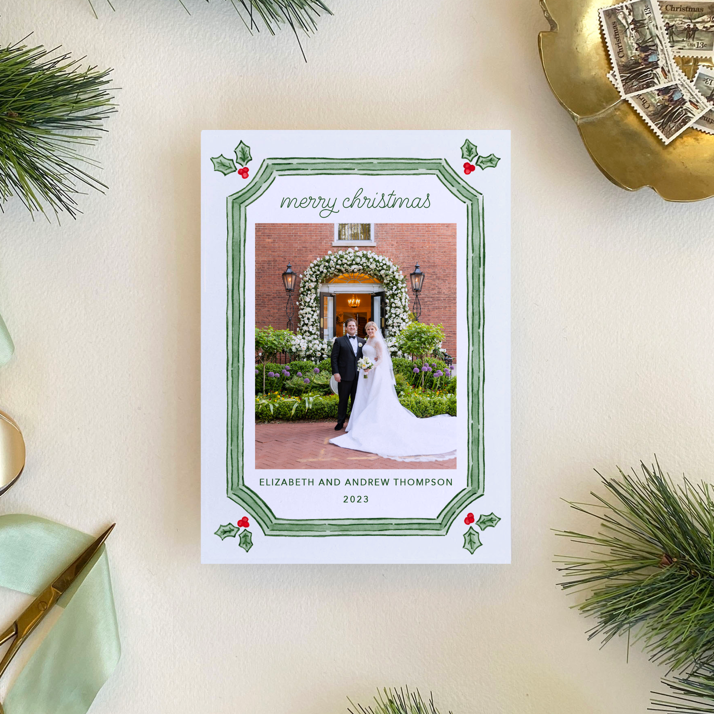Holly Frame Holiday Greeting Card, Portrait