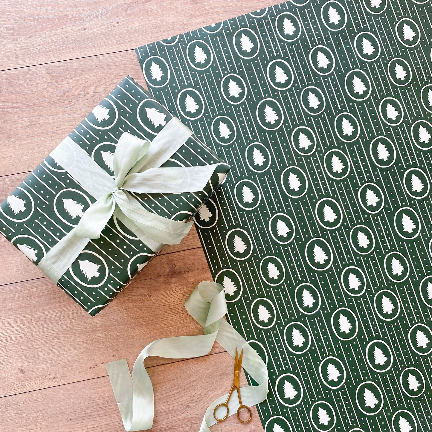 Dotted Pine Gift Wrap, Forest and Whisper Green