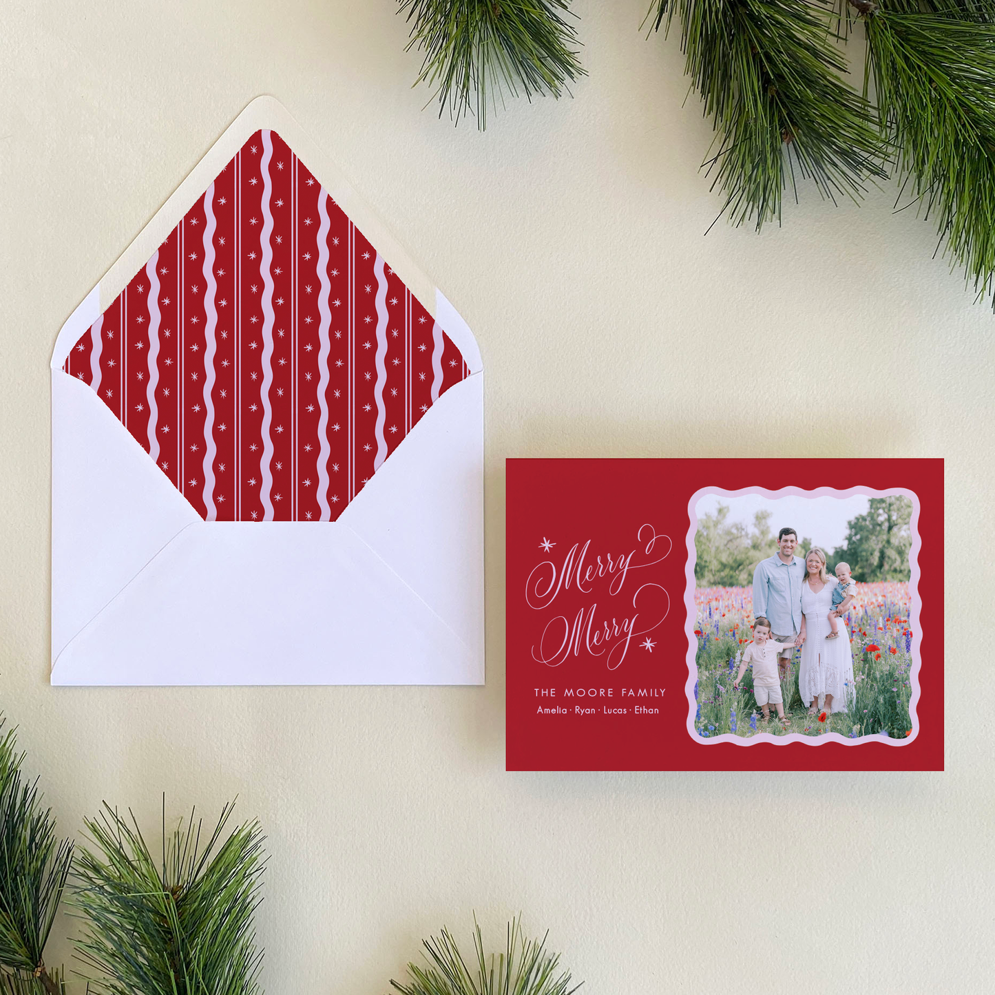 Merry Merry Holiday Card, Red and Pink - Landscape