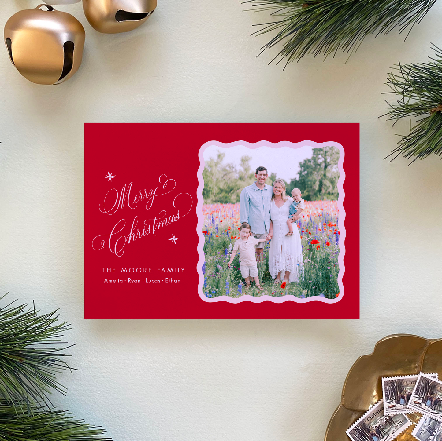 Merry Merry Holiday Card, Red and Pink - Landscape