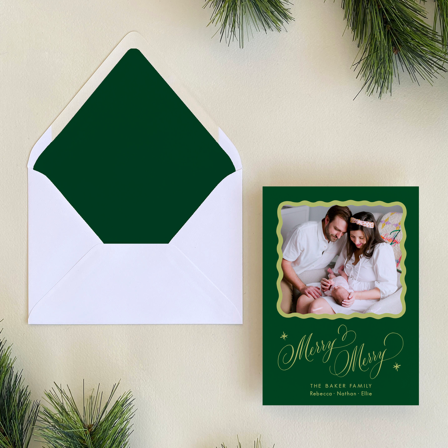 Merry Merry Holiday Card, Forest and Chartreuse - Portrait