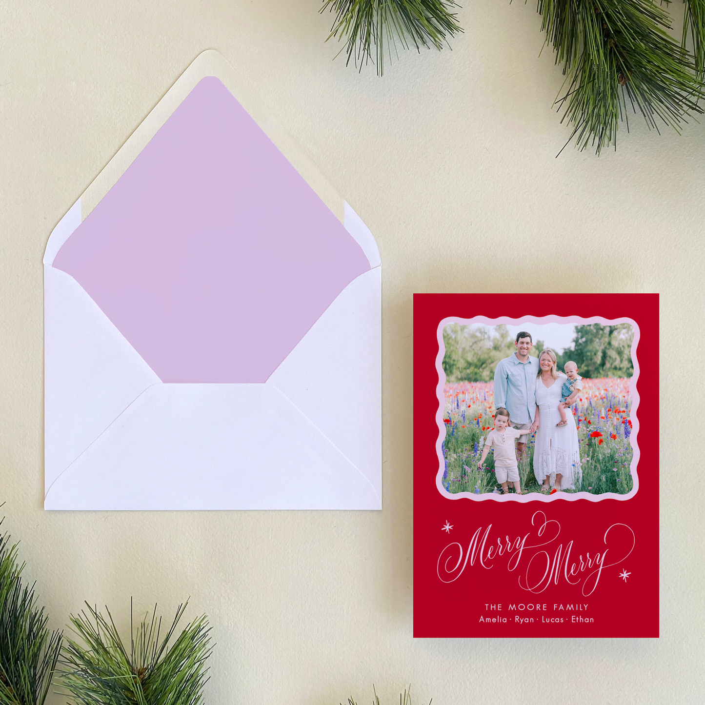Merry Merry Holiday Card, Red and Pink - Portrait