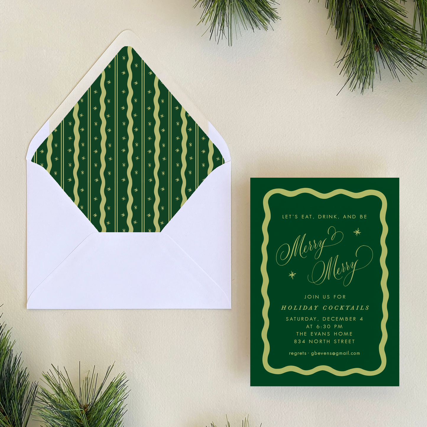 Squiggle Border Invitation, Forest and Chartreuse