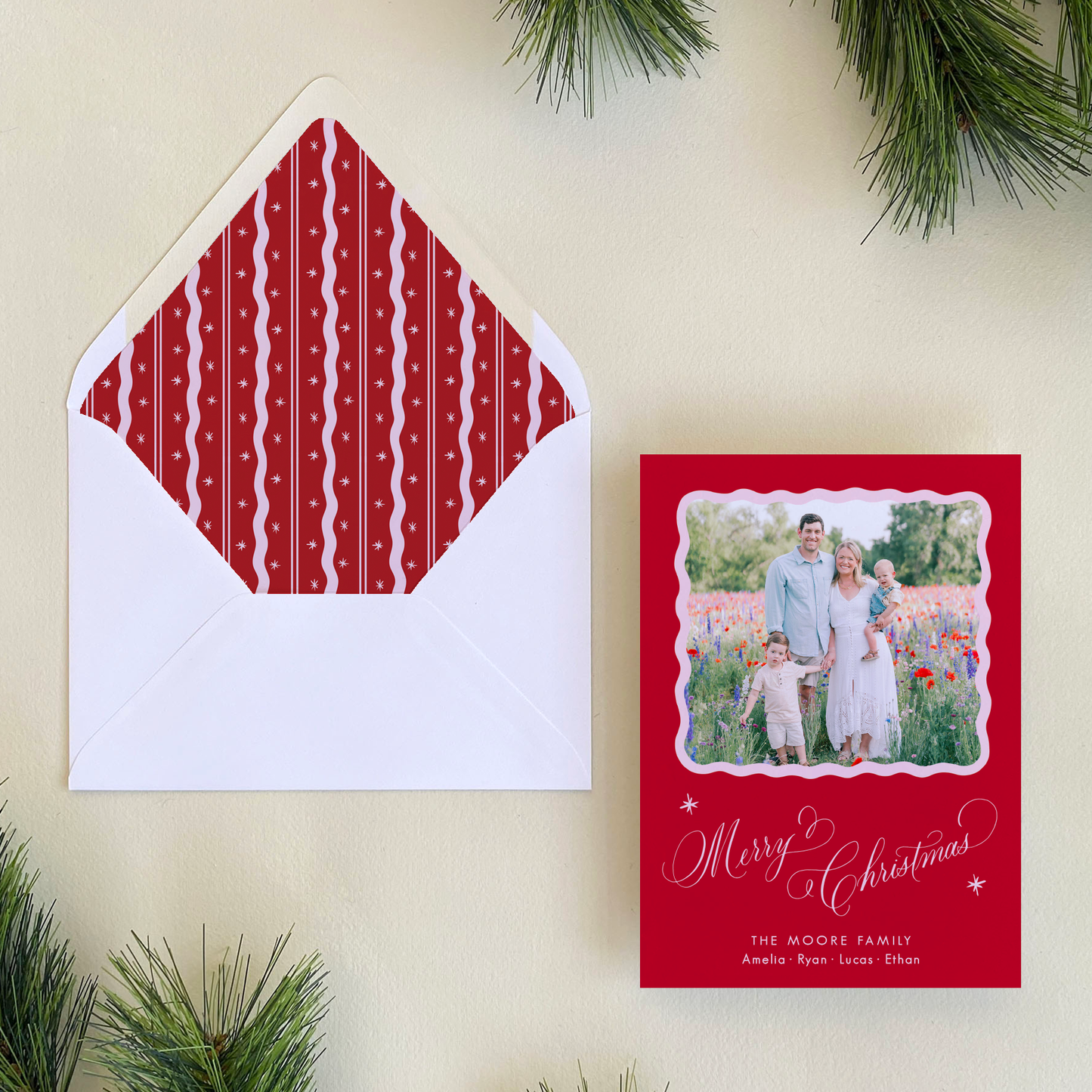Merry Merry Holiday Card, Red and Pink - Portrait