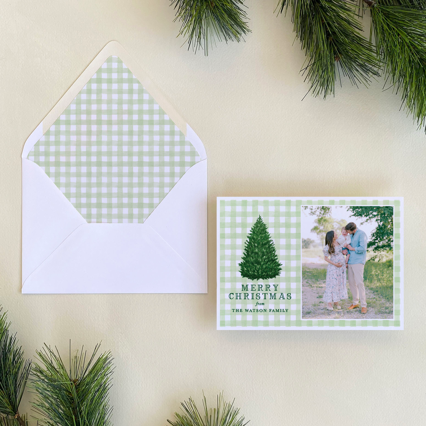 Norway Spruce Gingham Holiday Card, Landscape