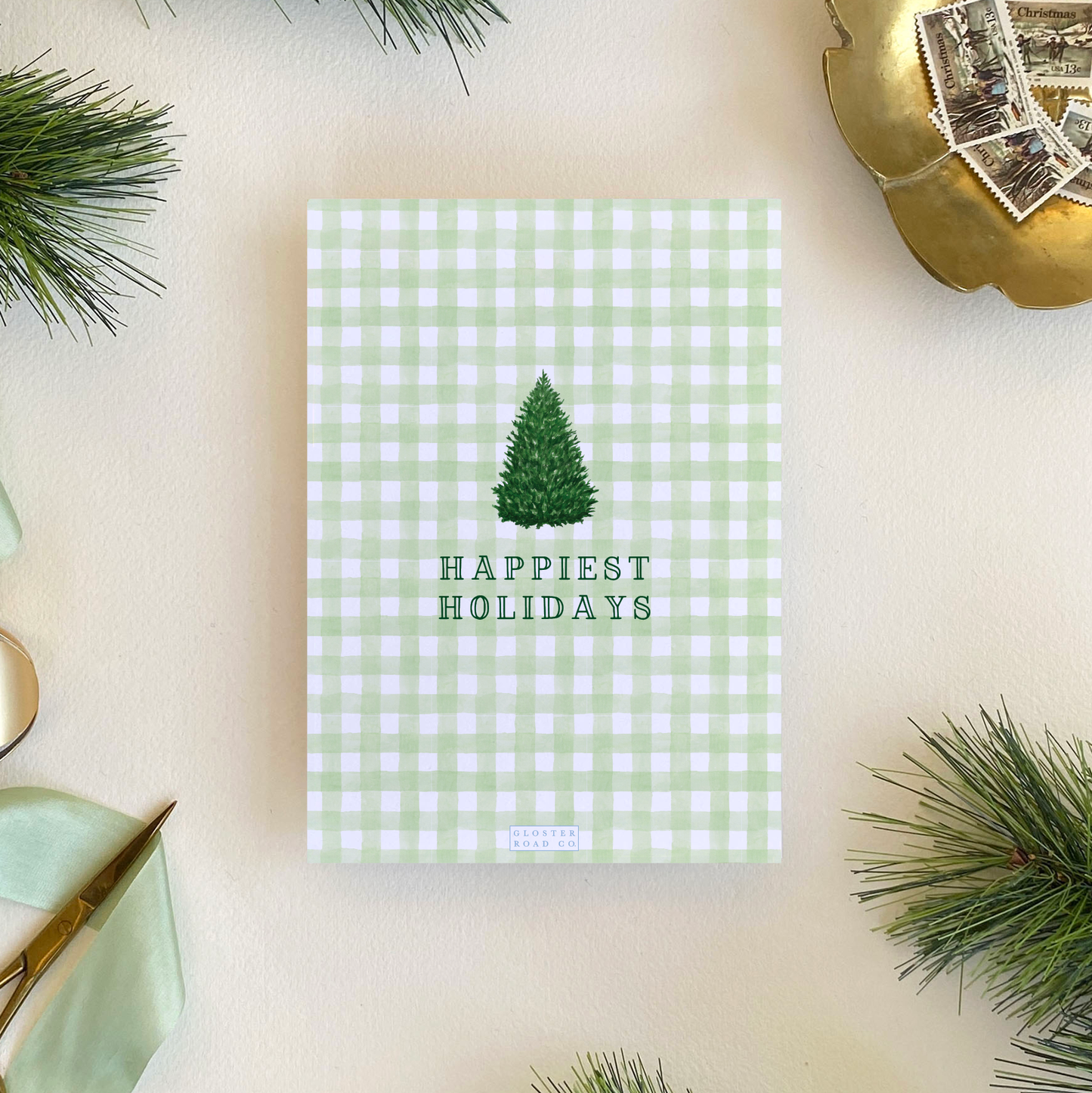Norway Spruce Gingham Holiday Card, Portrait