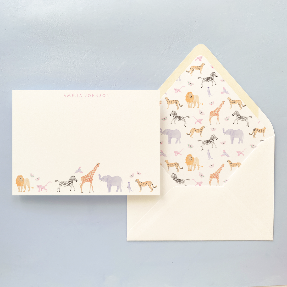 Pink Pastel Animal Personalized Notecard Set