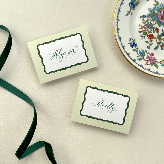 Pistachio and Forest Squiggle Border Place Cards with Calligraphy