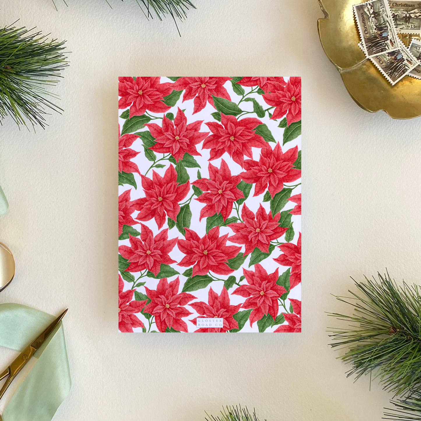 Poinsettia Blooms Holiday Card, Portrait