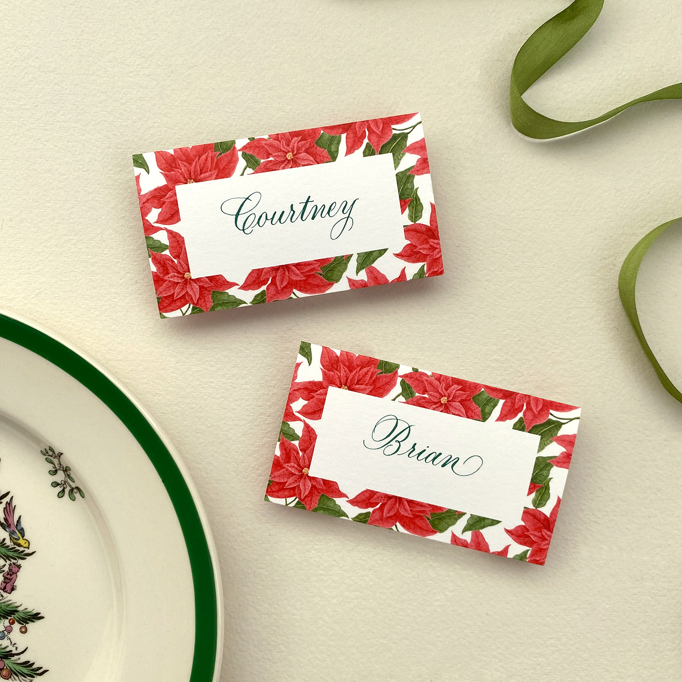 Poinsettia Border Place Cards with Calligraphy