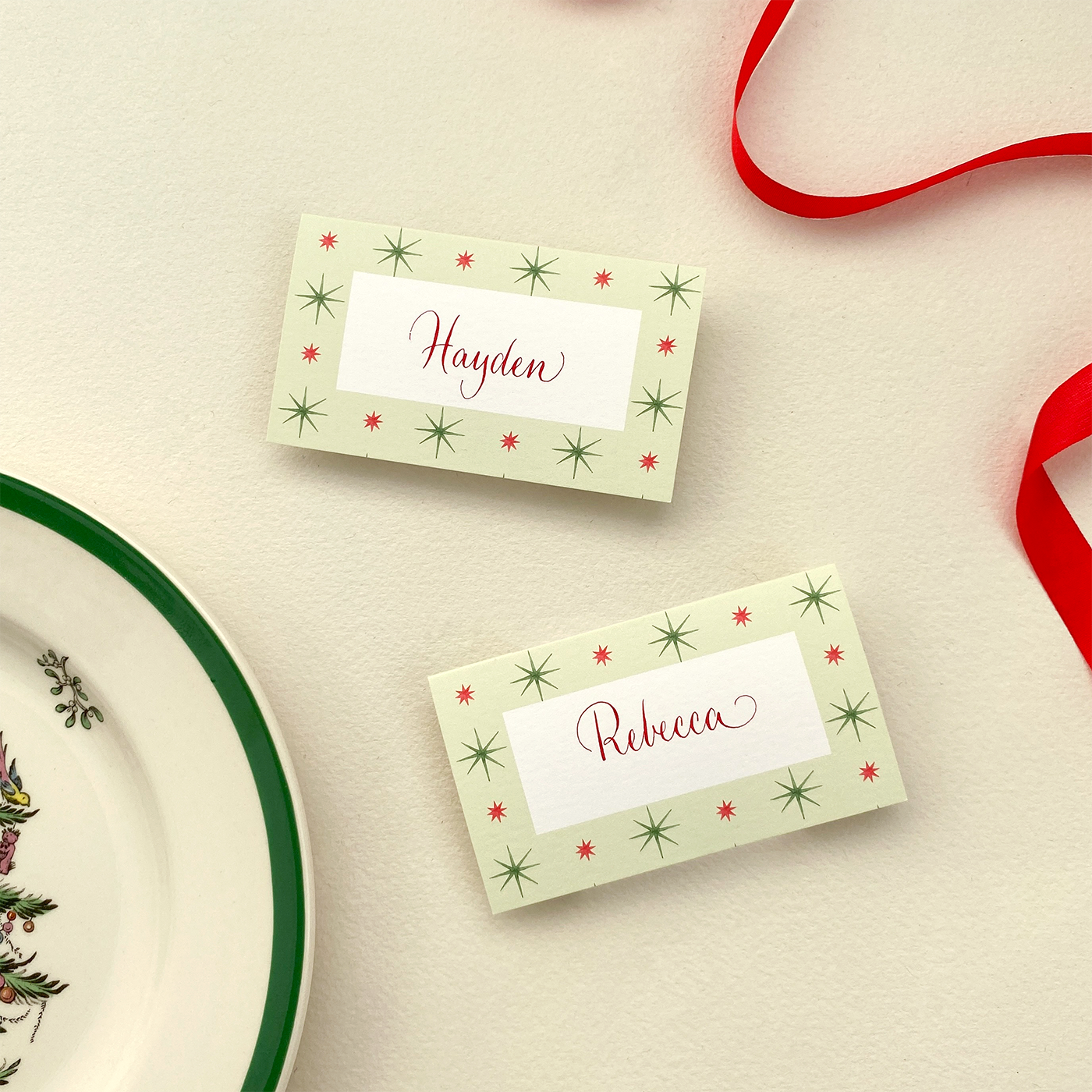 Red and Green Starburst Place Cards with Calligraphy
