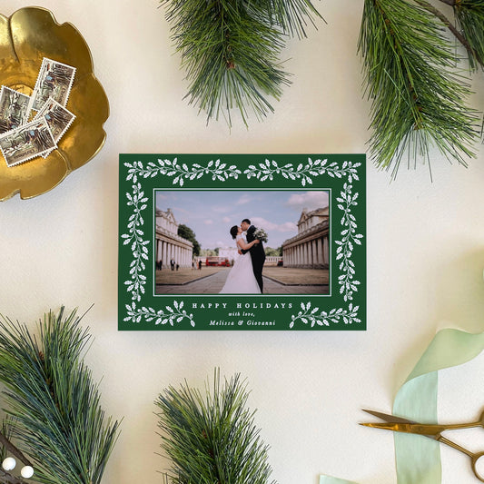 Acorn Stripe Holiday Card - Forest & White