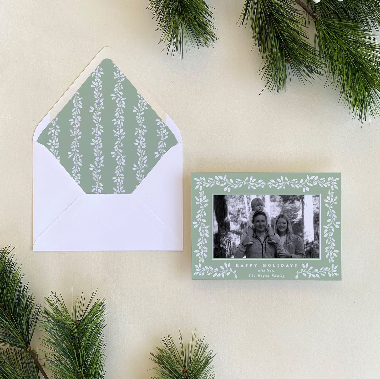 Acorn Stripe Holiday Card - Sage & White